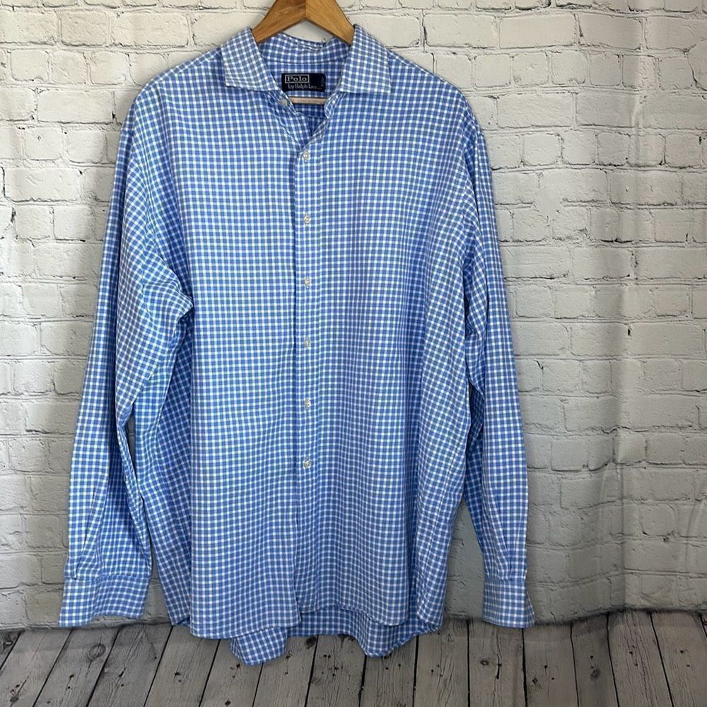 Ralph Lauren Polo Button Up‎ Shirt Adult XXL Blue White Check Mens Long Sleeve